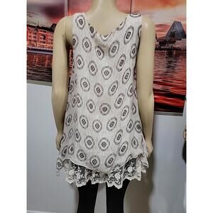 Carla Conti Made in Italy Size L GEO Print Silk Taupe Black lace Trim Top  #C